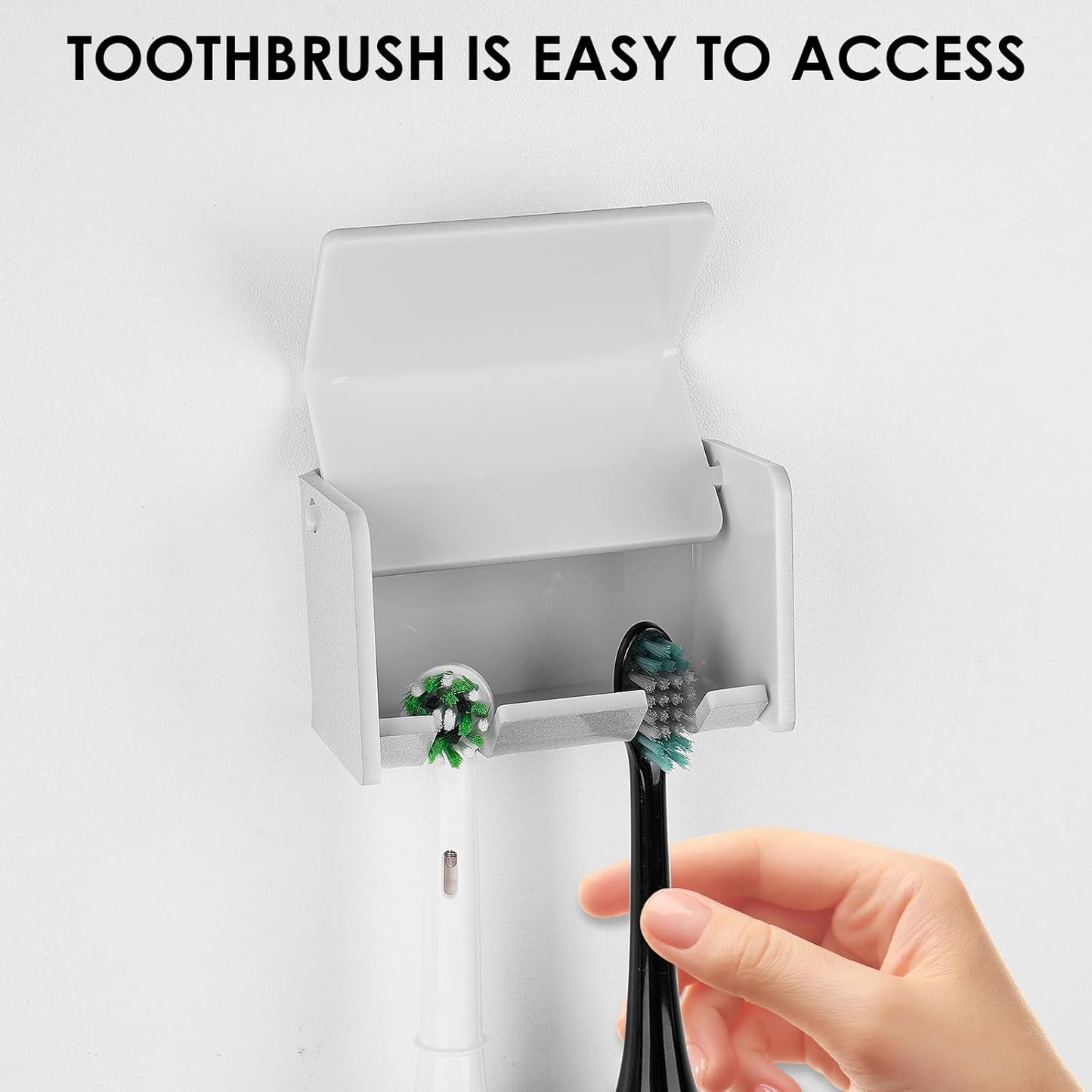 Toothbrush Holder Wall Mounted with Cover for Bathroom, 2 Slots Toothbrush Storage Organizer for Shower, Self Adhesive Toothbrush Hanger Rack for Dorm, Cabinet (Silver)