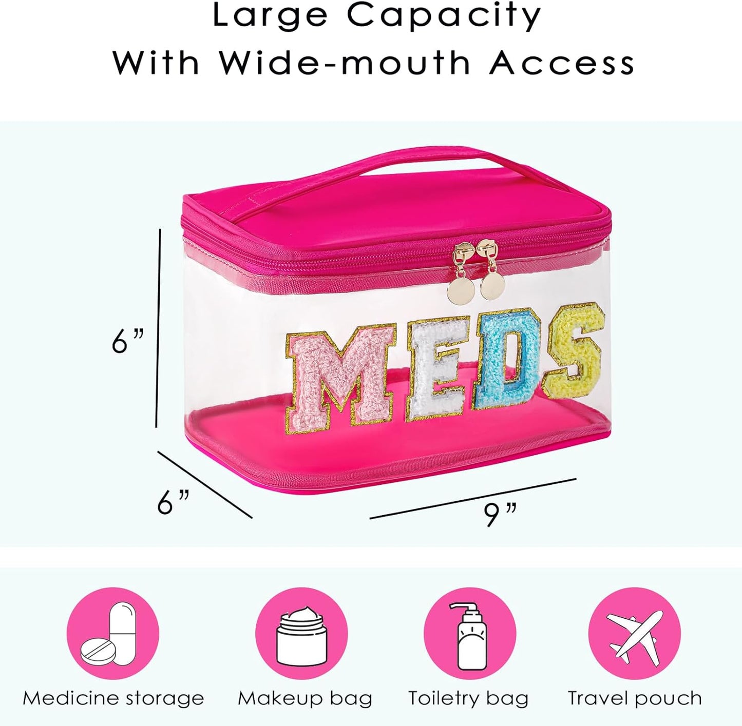 uekeboag Chenille Letter Clear Medicine Makeup Bag, Large Size Waterproof Nylon Cosmetic Toiletry Storage bag with Top Handle, Transparent Meds First Aid Travel Organizer Cosmetic Bag(01Hot Pink)