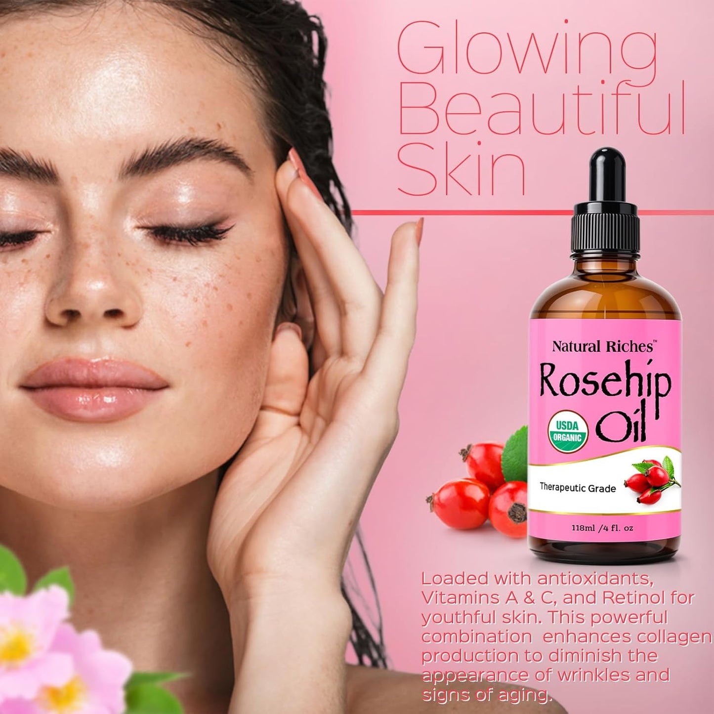 Natural Riches Organic Rosehip Seed Oil for Face 100% Pure Natural Cold Pressed Unrefined Non-GMO Carrier Oil for Skin Hair & Nails. 4 fl oz.