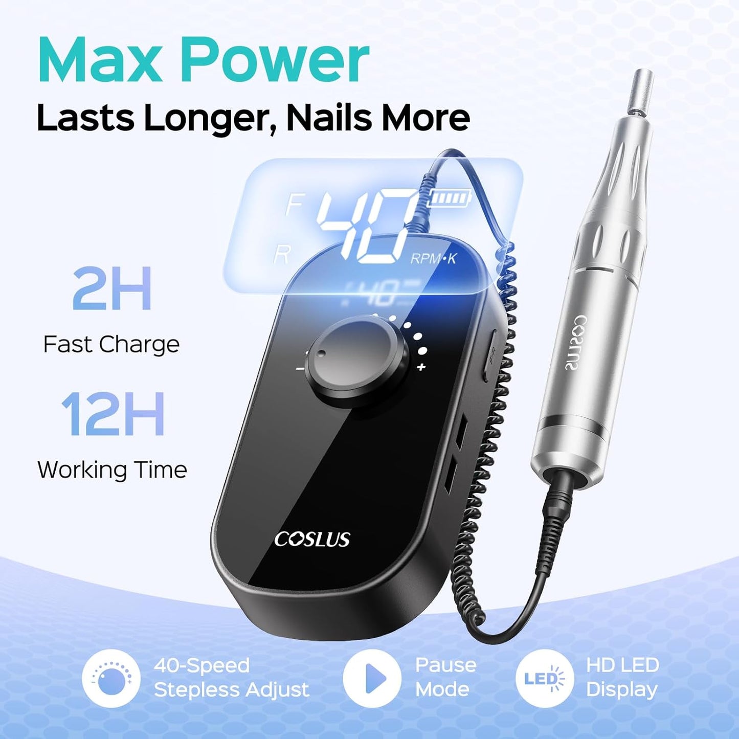 COSLUS Professional Rechargeable Electric Nail Drill 40000 RPM, Portable Nail File with Storage Stand for Acrylic Gel Polishing Removing - Easy to Use for Women, Manicure at Home DIY or Salon, Black