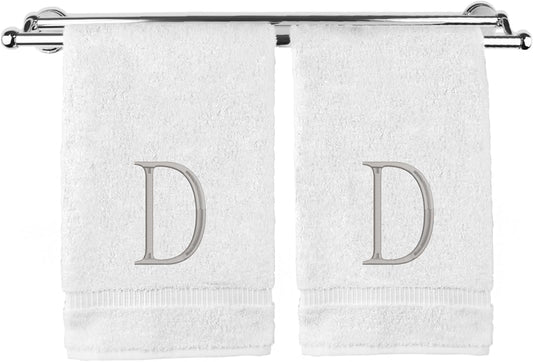 Monogrammed Hand Towel, Personalized Initial Gift, Extra Absorbent 100% Turkish Cotton - Soft Terry Finish - Set of 2 - Silver Block Initial D - Embroidered on White Towels