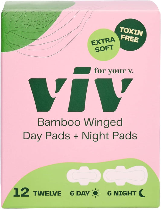 Viv for Your V Bamboo Organic Day & Overnight Pads for Women | (6) Regular (6) Super Sanitary Pads with Wings | Soft, Unscented | Regular & Super Absorbency Bundle
