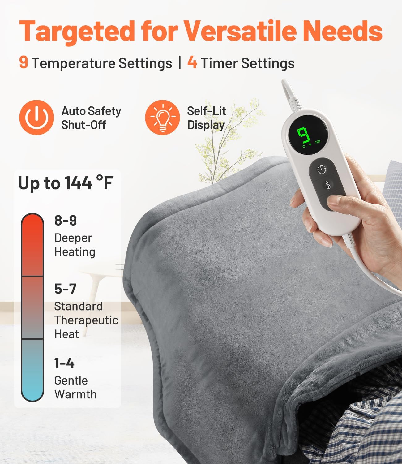 Graphene-Infused Heating Pad, Weighted Heating Pads for Neck and Shoulders and Back, Large Electric Instant Heating Pads for Back Pain Relief | 9 Heat Settings, 4 Timer Auto Shut-Off, Machine Washable