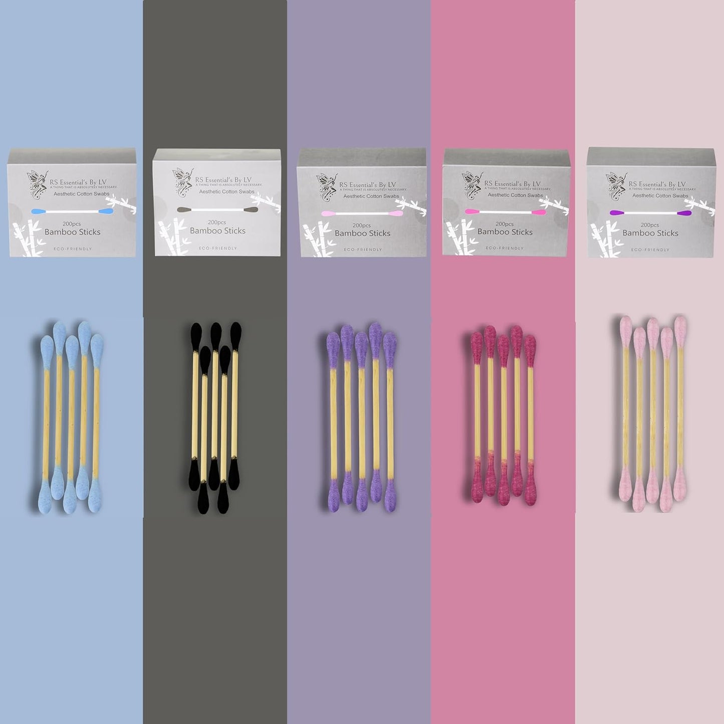 RS ESSENTIAL'S BY LV: Aesthetic Cotton Swabs Sticks Ear Swabs Bamboo swabs 200 Count Cotton Buds In 5 Colorful Colors (Hot Pink)