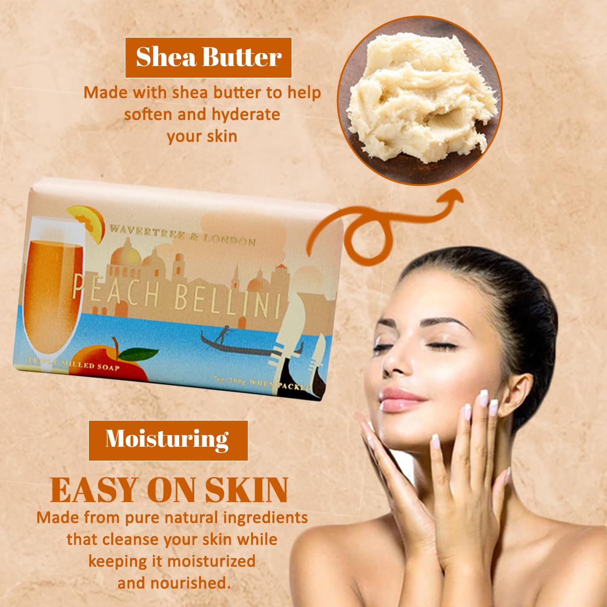Wavertree & London Peach Bellini Scented Natural Soap (8 Bars), 7oz Moisturizing French Triple Milled Soap Bars enriched with shea butter - Pure Plant Oil Bath & Body Bars for All Skin Types