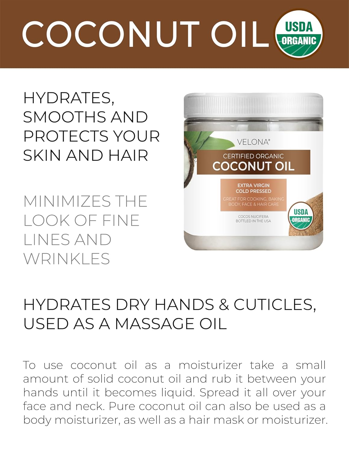 Velona USDA Certified Organic Coconut Oil Extra Virgin - 16 fl oz | Food and Cosmetic Grade | in jar | Extra Virgin, Cold Pressed