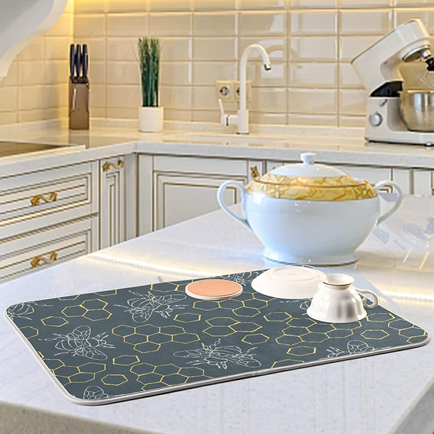 Dish Drying Mat for Kitchen Counter Bees Golden Hive Absorbent Microfiber Drying Pad Dish Drainer Mat 18 x 16 Inch Reversible Bottles Dish Dry Pad