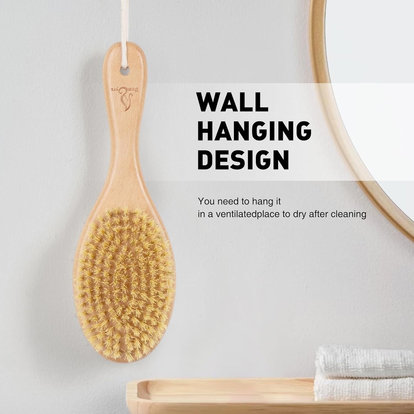 Short-Handle Dual-Sided Bath Massage Brush, Soft Boar & Firm Sisal Bristles, Portable (Natural Beech Wood)