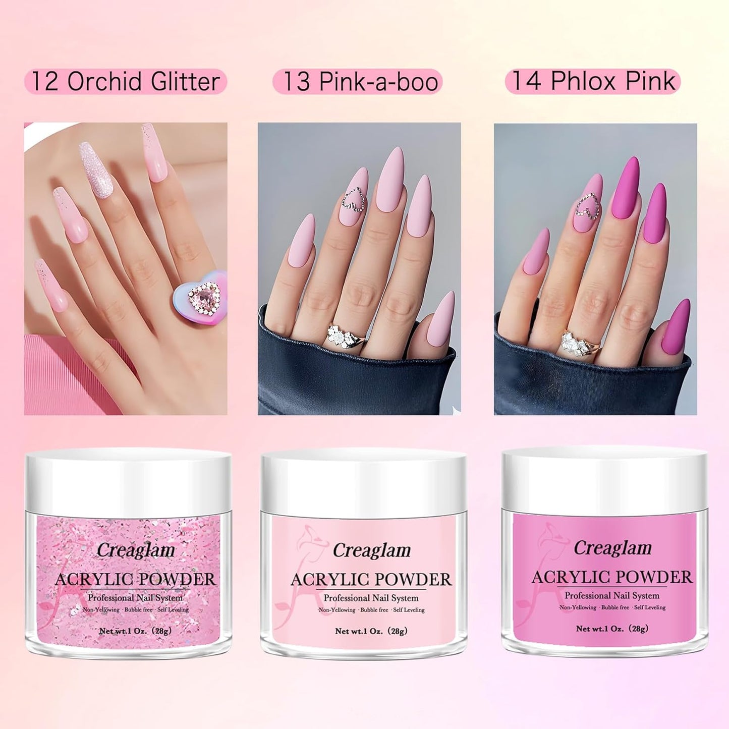 Acrylic Powder Large Capacity: 3Pcs 1 Oz. Orchid Glitter Super Nail Polymer for 3D Art Carving French Extension - 28g Pink-a-boo Phlox Pink Professional Acrylic Powder No Need Lamp
