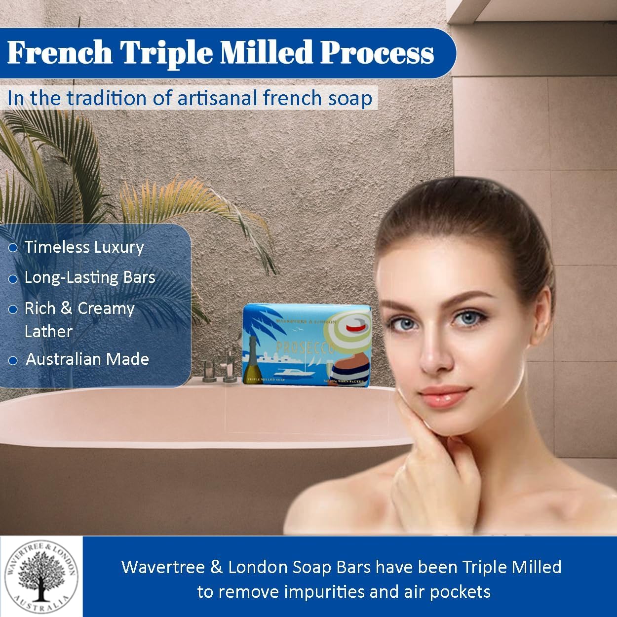 Wavertree & London Prosecco Scented Natural Soap Bar, 7oz Moisturizing French Triple Milled Soap Bar for Women & Men enriched with shea butter - Pure Bath & Body soap bar for All Skin Types