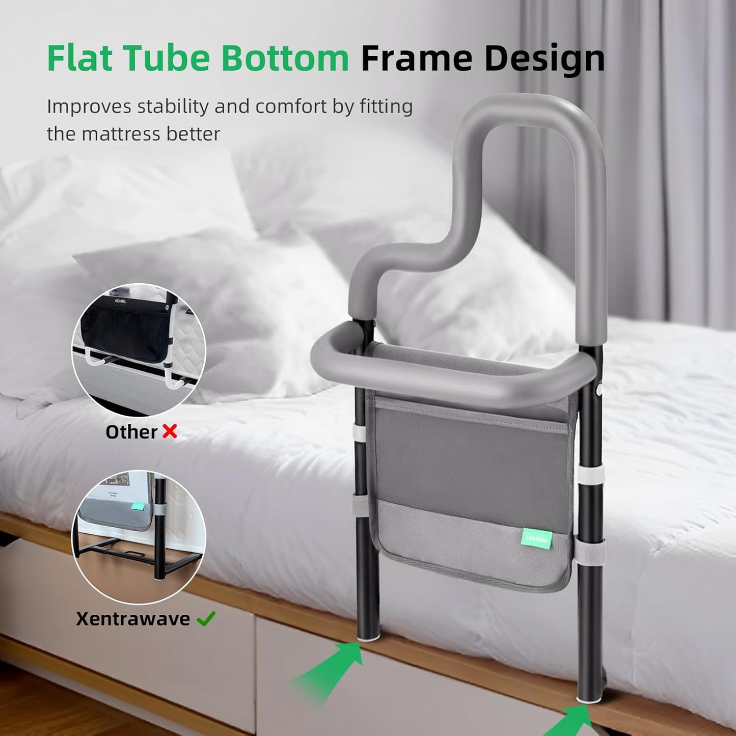 Dual Bar Bed Rail for Elderly Adults Safety with Storage Pocket, Bed Assist Rail for Seniors for Easily Getting in & Out of Bed, Bed Rails Fits King, Queen, Full, Twin Bed - Grey