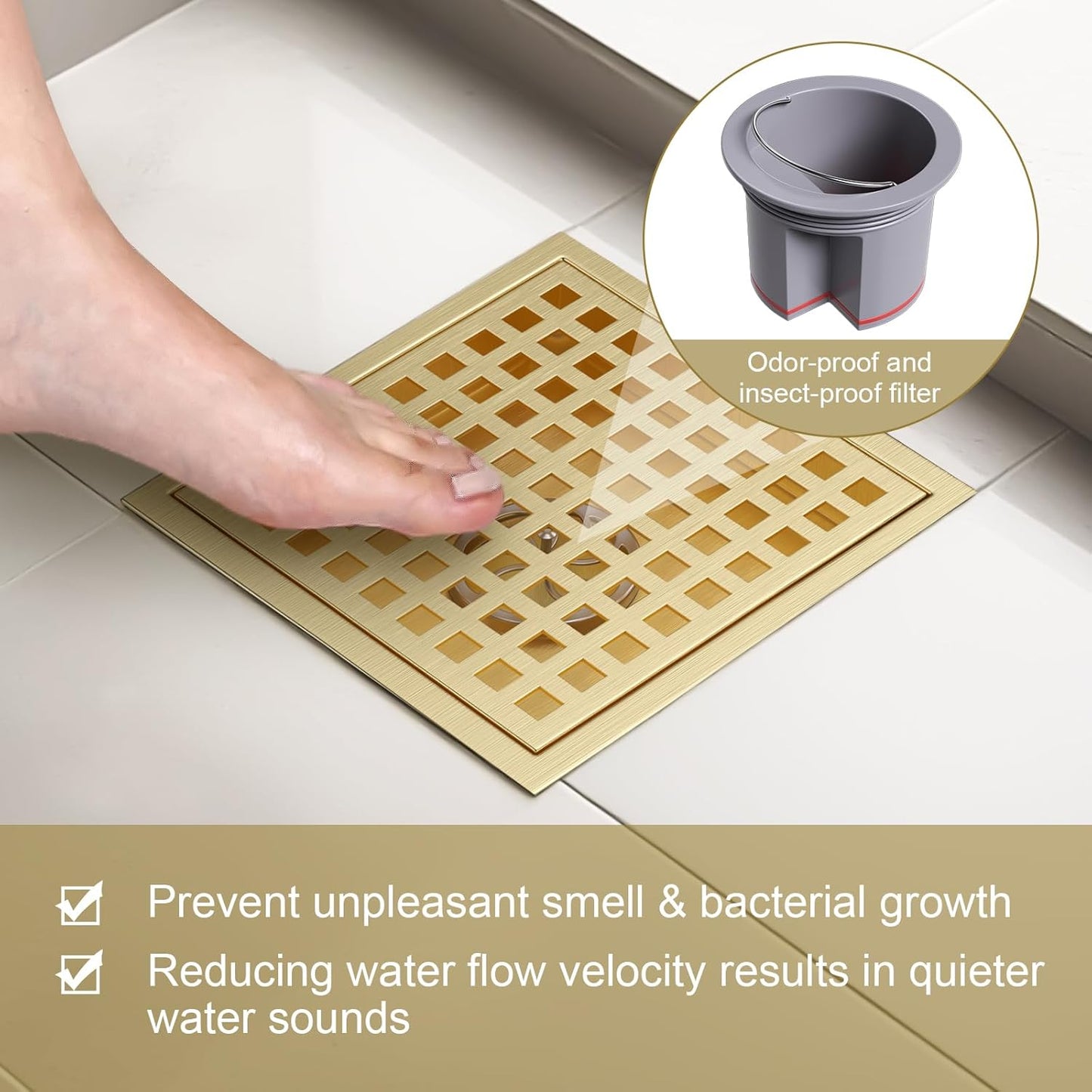 Square Shower Floor Drain with Flange, 4 Inch Brushed Gold Shower Drain Hair Catcher, SUS304 Stainless Steel Floor Drain Strainer, Shower Drain Cover