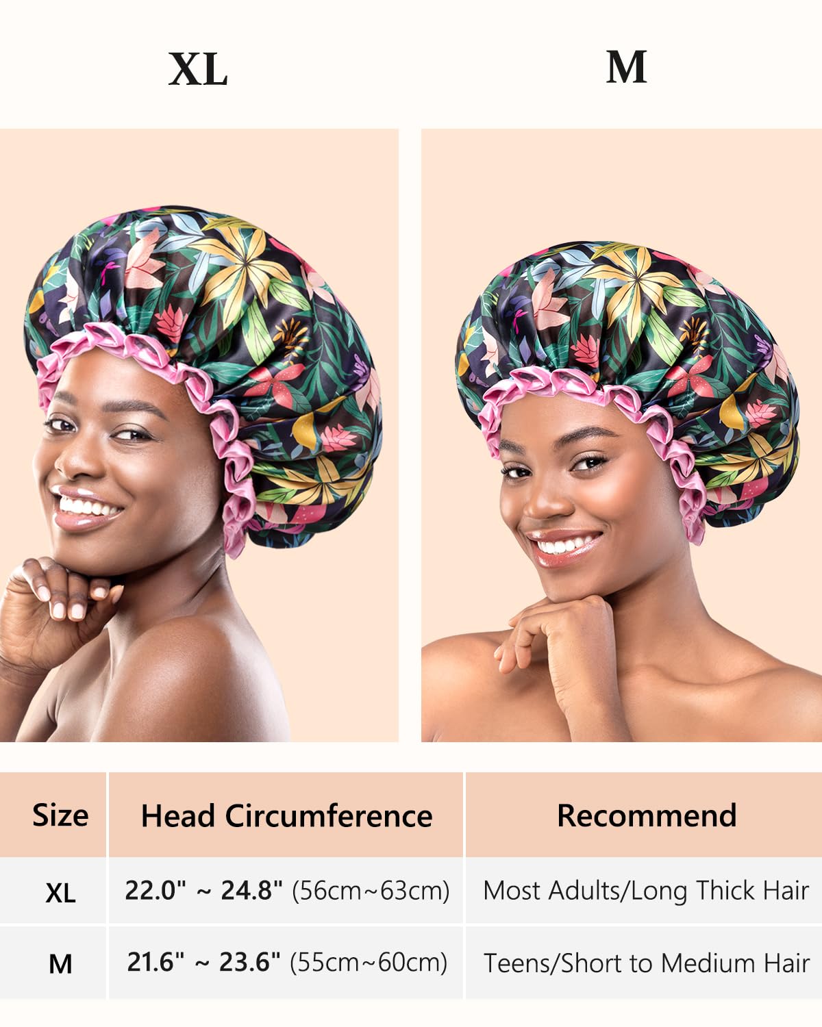 mikimini Rainforest Large Shower Caps Pack of 2, Shower Cap for Women Long Hair with Pink Lace, Reusable Waterproof Shower Hat for Girls