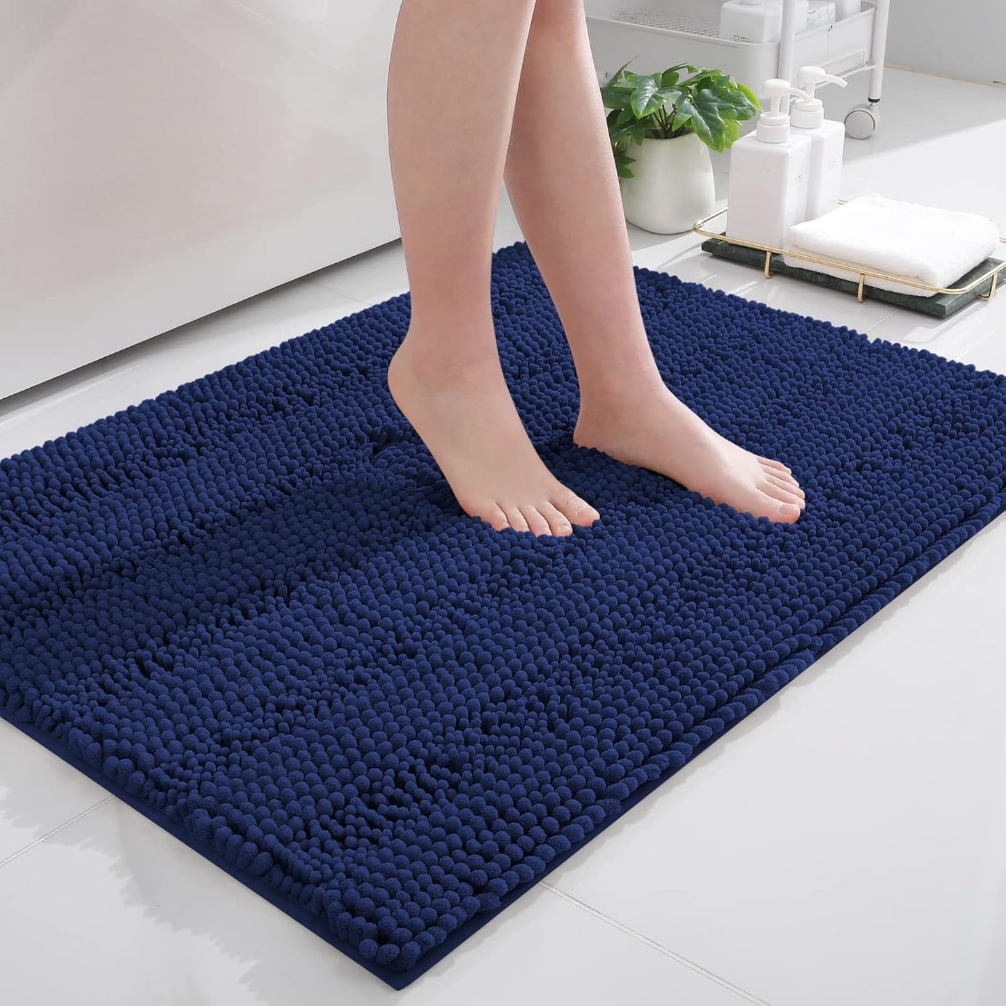Grandaily Chenille Striped Bathroom Rugs 36x24, Extra Thick and Absorbent Bath Mats, Non-Slip Soft Plush Shaggy Shower Carpet, Machine Wash Dry, Bath Rug for Bathroom, (Large, Navy)