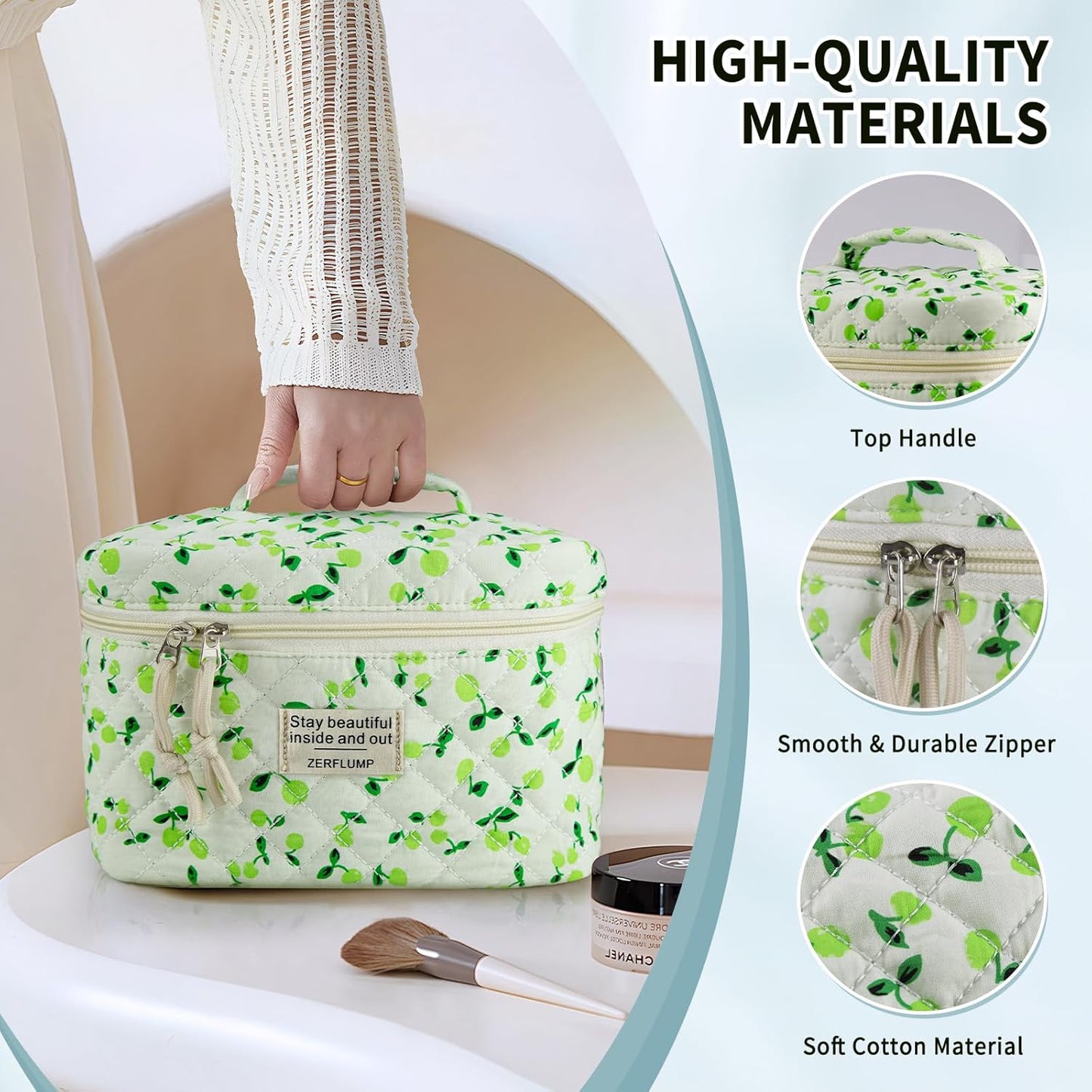 Cute Quilted Floral Makeup Bag(3Pcs)，Coquette Aesthetic Cosmetic Bag，Travel Toiletry Bags， Kawaii Aesthetic pouch for Women (6 - Green Fruit)