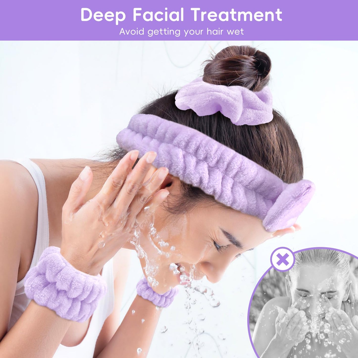 Spa Headband for Washing Face, Skincare headband and wristband set, Facial Cleansing Brush, 2-in-1 Skin Care face Brush, Come with a Hair Scrunchie For Massaging Makeup Skincare-Purple