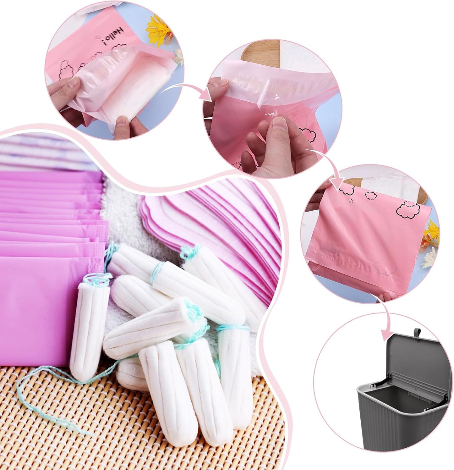 Cute Pink Sanitary Pad Disposal Bags - Pack of 200, 7x12inches Opaque Feminine Hygiene Disposal Bags for Tampons, Liners