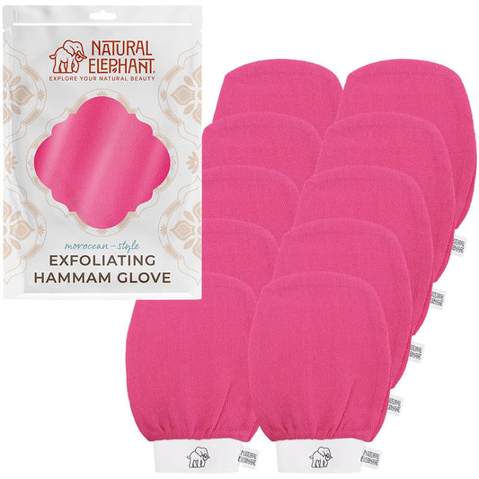 Natural Elephant Exfoliating Hammam Glove - Face and Body Exfoliator Mitt 5 and 10 Packs (Pink Tulip (Pack of 10))