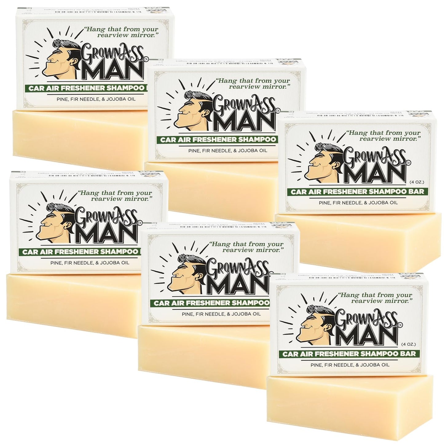Grown Ass Man Co. - Solid Shampoo Bar Rich Lather 3 in 1: Hair, Beard & Body Wash - Plastic Free & Eco-Friendly, Natural & Organic for All Hair Types, 4oz Bar (Car Air Freshener, 6-Pack)