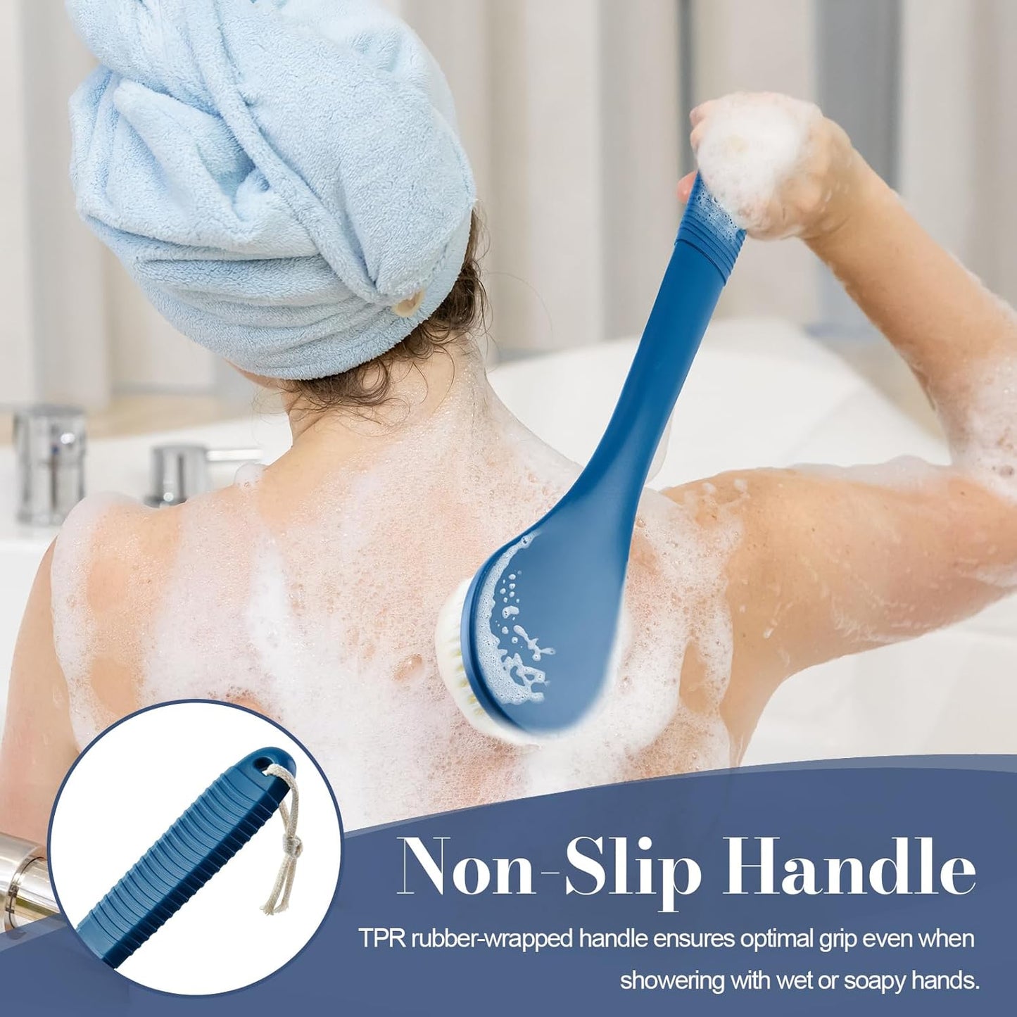 Back Scrubber for Shower, Shower Body Brush for Cleaning with Long Handle for Showering, 17 Inch Back Washer Exfoliator for Shower Men Women with Non-Slip Handle, Adhesive Hook (Navy Blue)