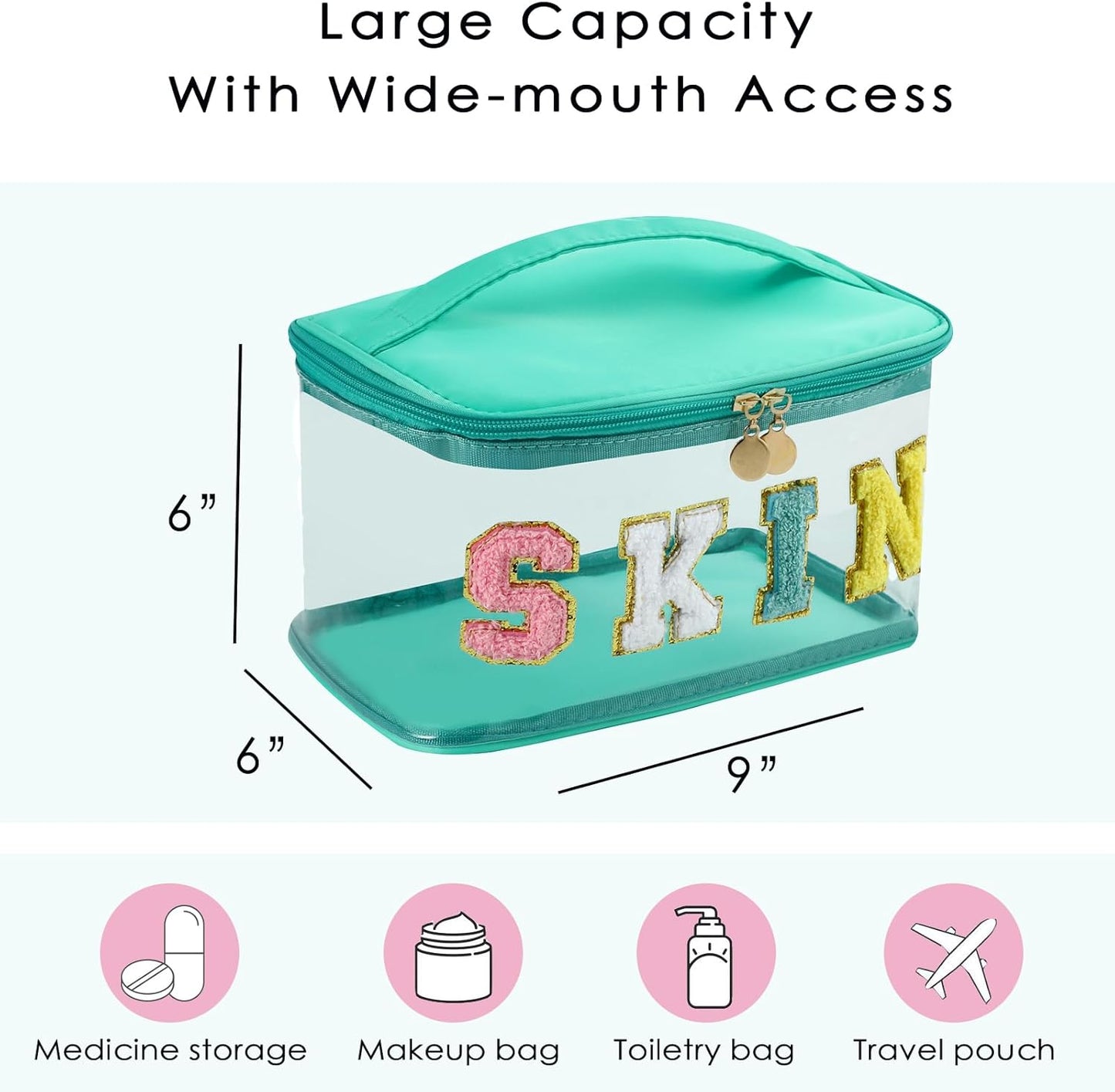 Personalized Chenille Letter Clear Skin Makeup Bag, Large Size Waterproof Nylon Cosmetic Toiletry Storage bag with Top Handle, Transparent Meds Skin Travel Organizer Cosmetic Bag(08Skin-Green)