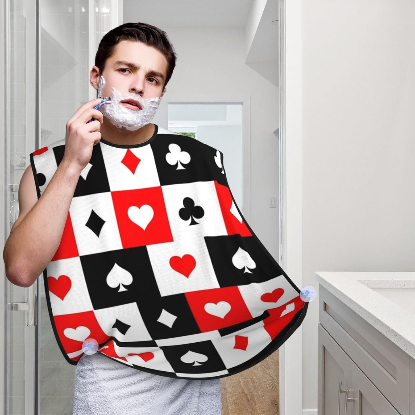 Beard Grooming Cape, Waterproof Hair Catcher for Shaving Trimming, Non-Stick Bib Apron Gifts for Dad Men, Checkered Suits Hearts Diamonds Clubs Spades Poker Playing Cards Shave Bib