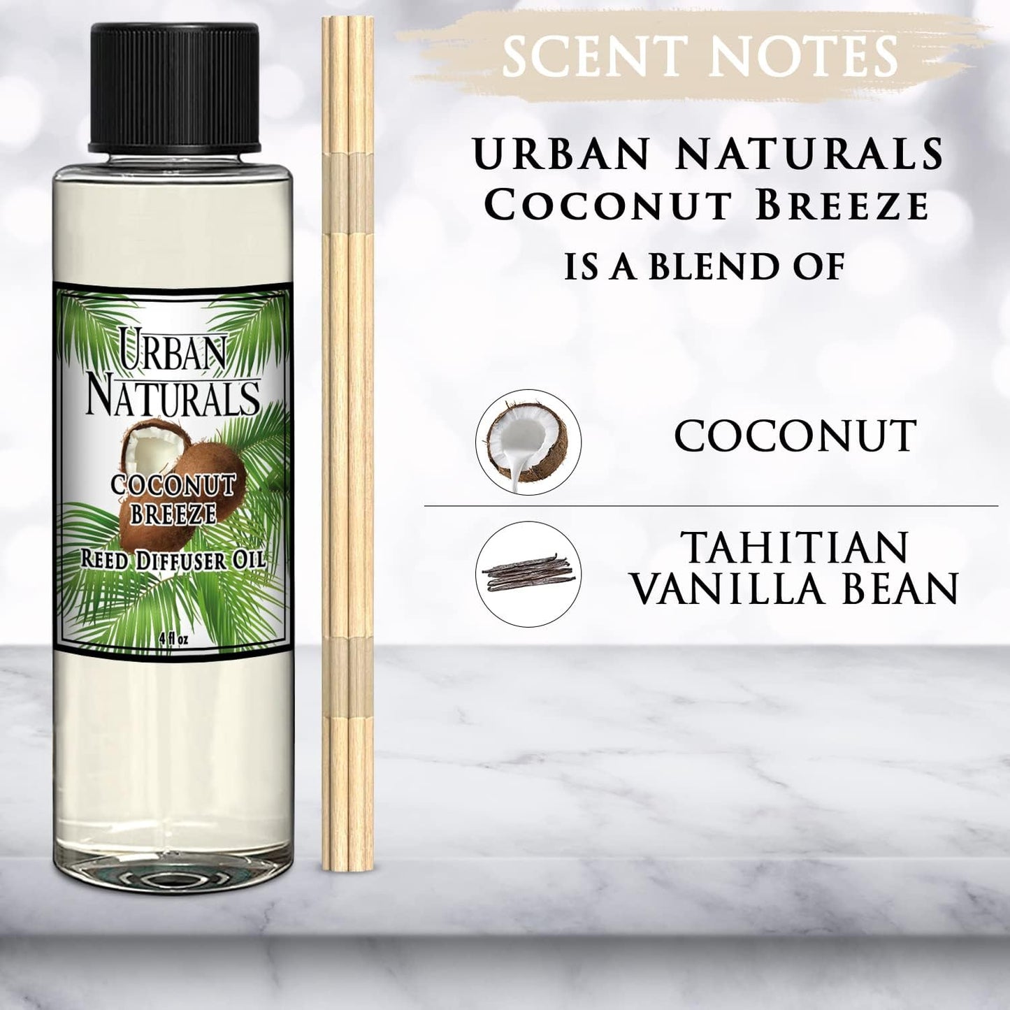 Urban Naturals Coconut Breeze Scented Oil Reed Diffuser Refill | Includes a Free Set of Reed Sticks! Warm Coconut, Pineapple and Tahitian Vanilla – 4 oz. Made in The USA