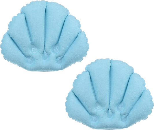 PATIKIL Inflatable Bath Pillow with Suction Cups, 2 Pack Terry Cloth Covered Shell Shape Bathtub Spa Pillow Neck Support for Bathtub Hot Tub, Blue