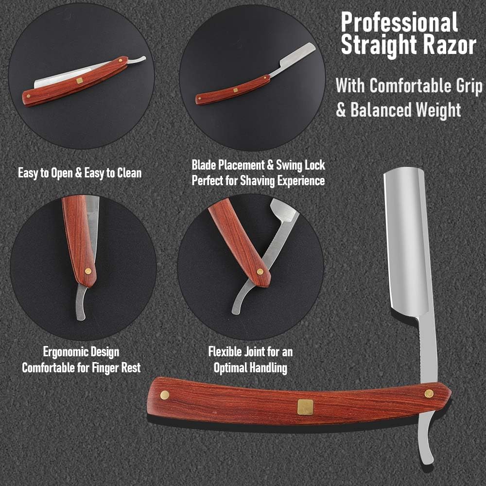 Straight razors for men Professional Straight Edge Barber Razor Premium Stainless Steel Shaver Razor with Shaving Strop for Men Home & Salon Grooming Using (NO.177)
