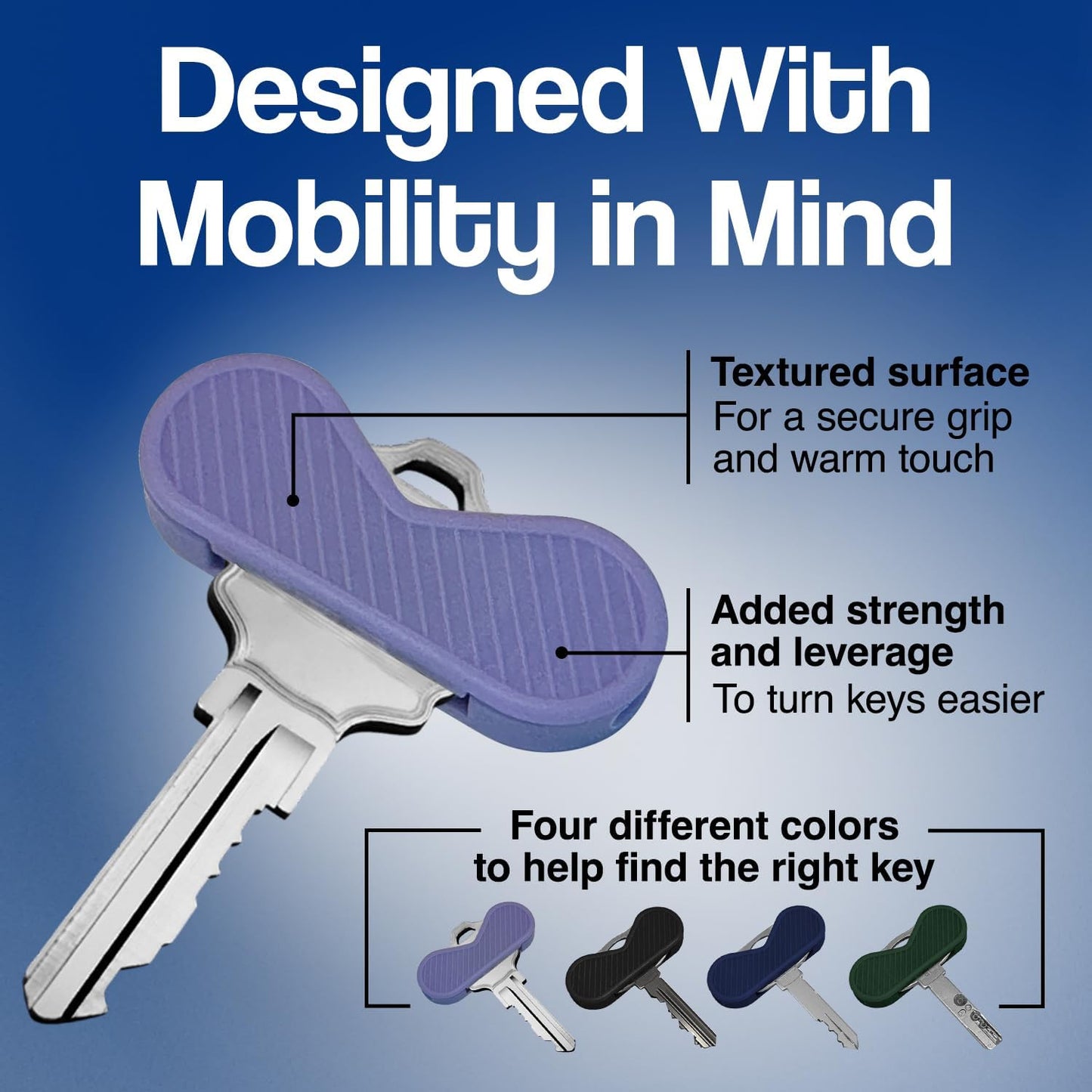 [4 Pack] KeyGrip Disability Aid Key Turners - Added Strength & Leverage For Seniors & Elderly - Perfect For Parkinson's, Arthritis, MS, Tremors & ALS - Textured For Grip - Bright Colors For Low Vision
