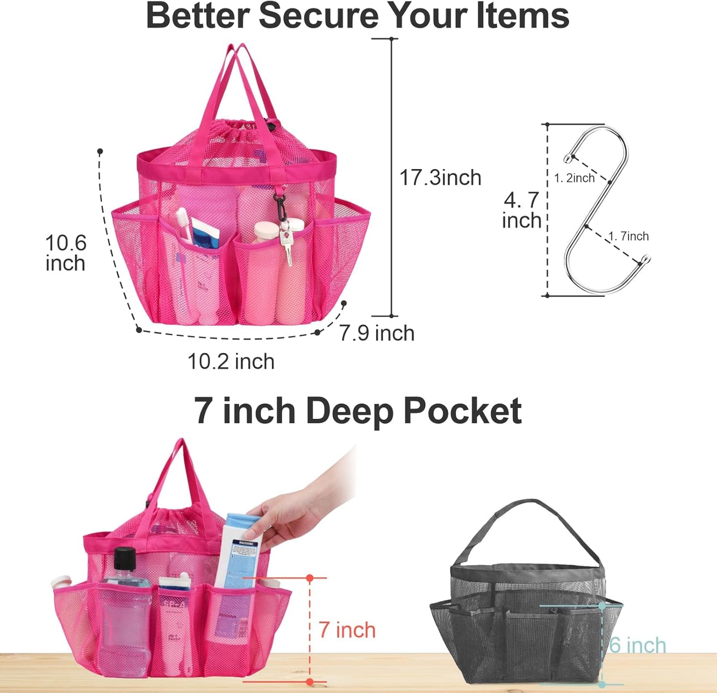 F-color Mesh Shower Caddy Portable with Drawstring - Upgrade Deeper 7 Pockets Dorm Room Essentials for Guys Girls with S Hook, Shower Bag Basket Tote for College Camping Toiletry Bathroom, Rose red
