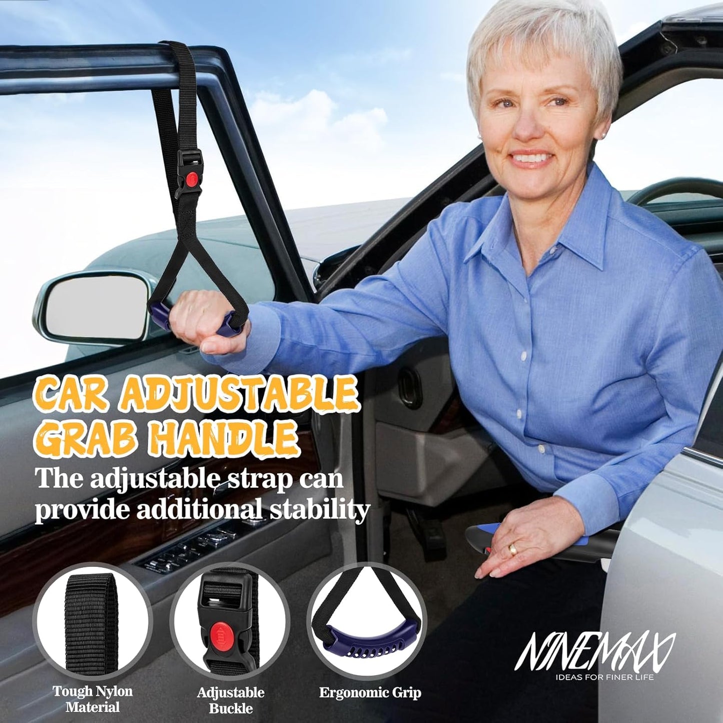 Car Door Handle for Elderly Car Handle Assist Support, Auto Grab Handles, Portable 3 in 1 Car Door Cane for Seniors, Handicap (1 pc with Strap)