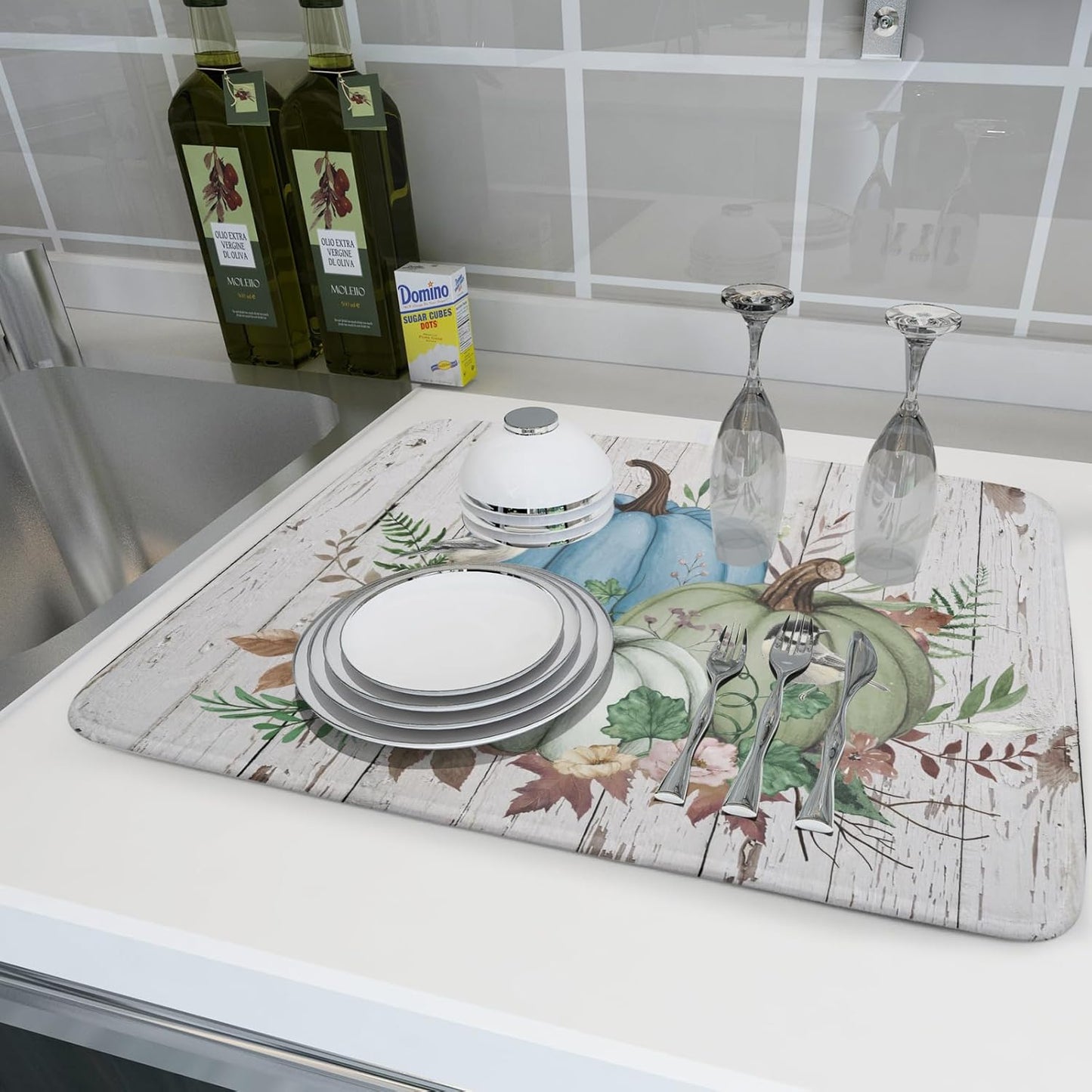 Fall Blue Pumpkin Dish Drying Mat 18x24 inch Autumn Harvest Dish Rack Mats Reversible Microfiber Drainer Pad for Kitchen Countertop Decor