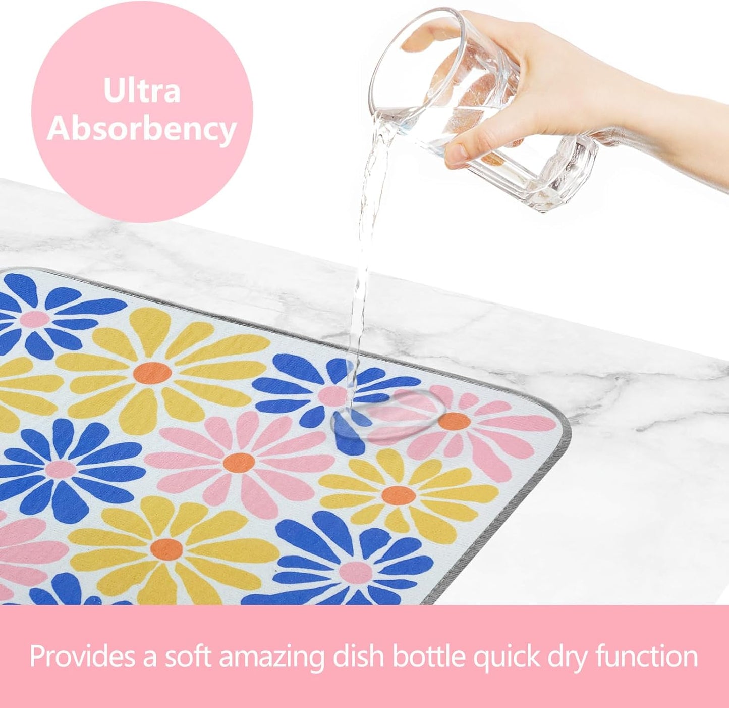 SHIYUE Dish Drying Mat for Kitchen Counter Super Absorbent Spring Kitchen Decor Microfiber Drying Matainers Rack Fast Pad Dish Drainer Mats(Color Flower,18''x24'')