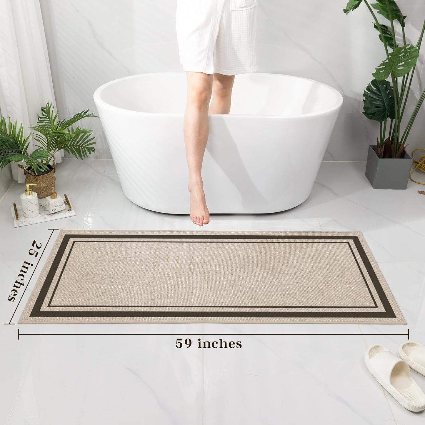 chakme Bathroom Rugs Mat 59x24, Ultra Thin Non Slip Bath Mat Large Quick Dry Absorbent Bath Mat for Bathroom Floor, (Light Beige, 59"x24")