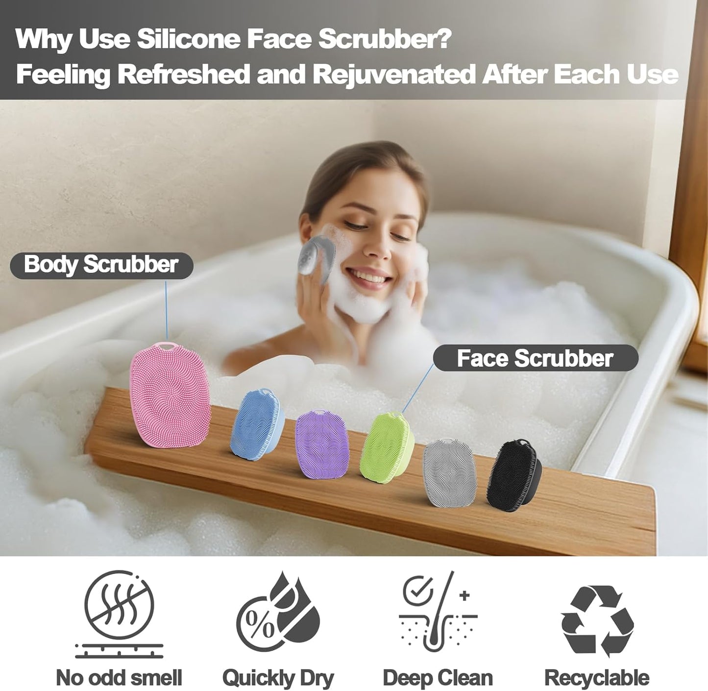 Soft Silicone Body Scrubber, Gentle Like a Hand Exfoliating Your Skin and Build Up Lather, Back Large Suction Cup Easy to Store, & Deep Clean (Body Scrubber + Face Scrubber Gray)