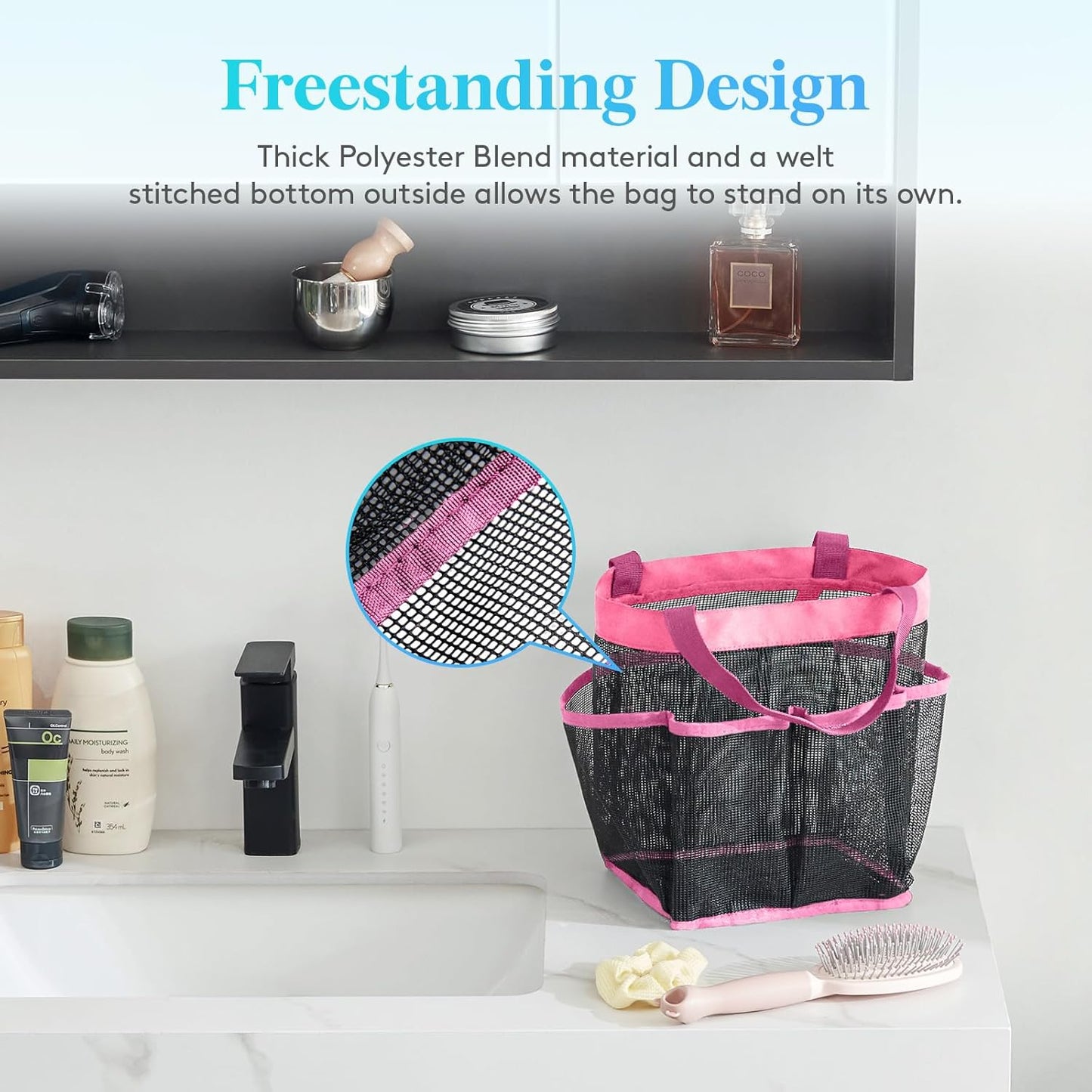 Lifewit Mesh Shower Caddy Freestanding Portable Shower Tote Bag for College Dorm, Bathroom, Gym, Travel, Quick Dry Hanging Shower Organizer with 7 Storage Pockets for Toiletry Essentials, Pink