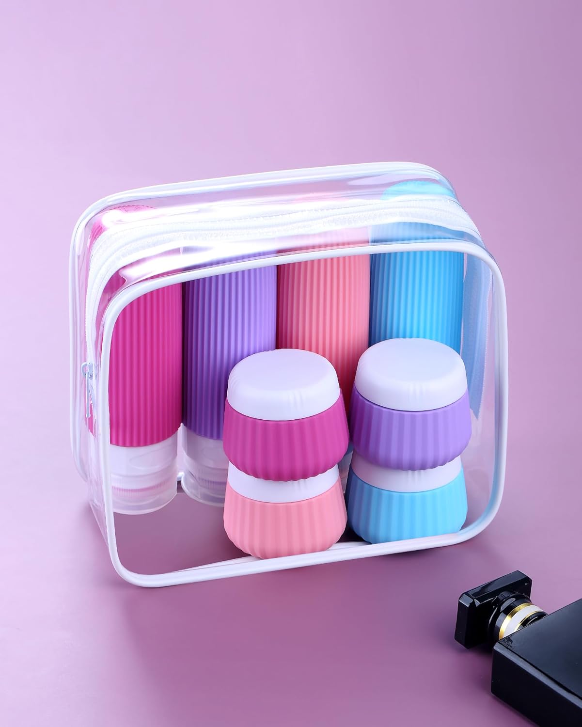 Travel Bottles for Toiletries 8 Pack, Tsa Approved Travel Size Toiletries 3 oz, Travel Containers for Toiletries, with Clear Bag, Leak Proof Silicone Squeezable Travel Essentials Creams Jars