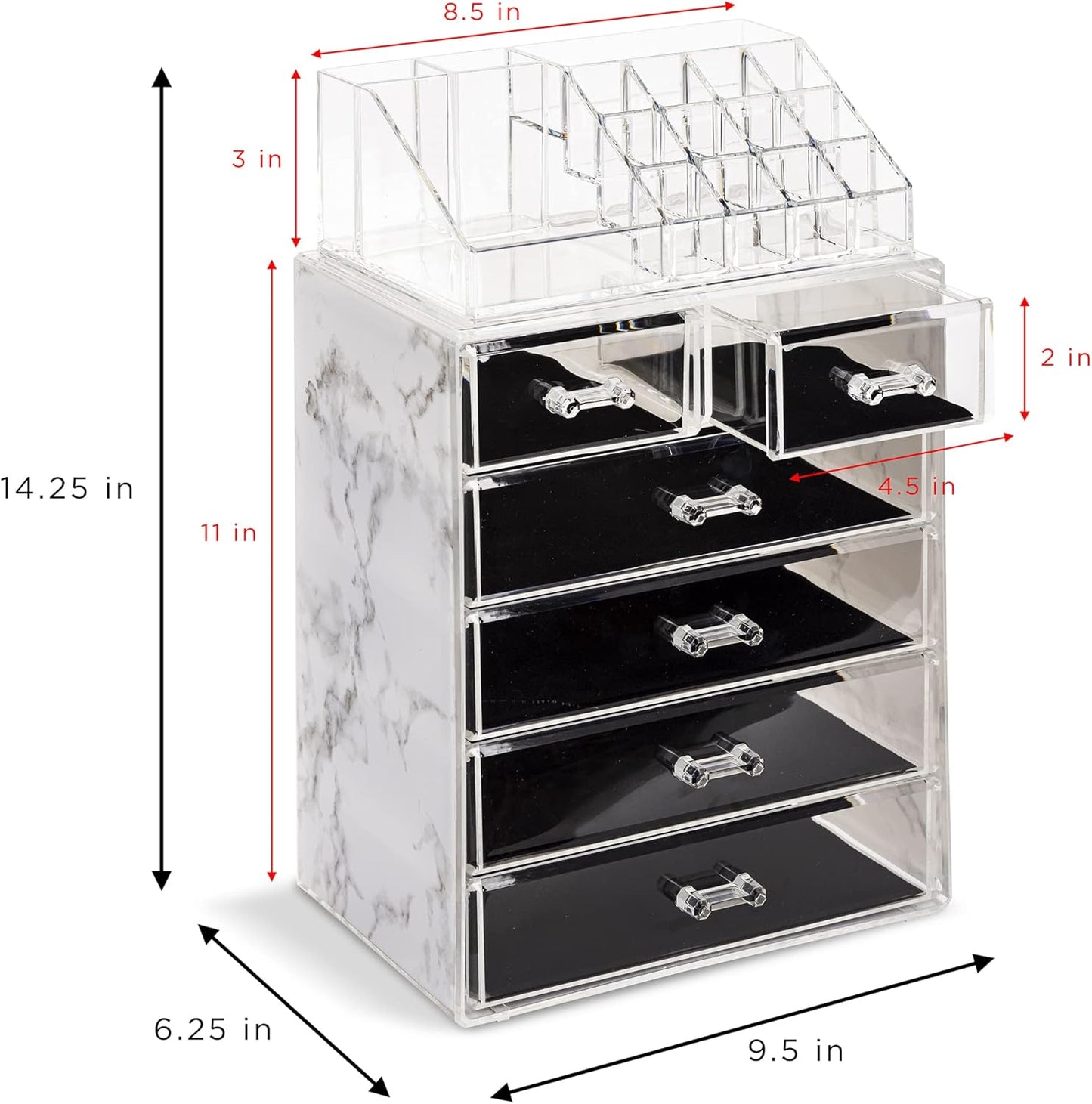 Sorbus Acrylic Makeup Organizer Set, 6-Drawer Vanity & Countertop Cosmetic Storage with Small & Wide Compartments, Marble Print Makeup Storage for Brushes, Jewelry – Holiday Gift for Women & Teens