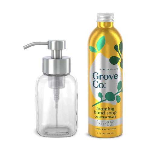 Grove Co. Foaming Hand Soap Concentrate (12 Fl Oz) + Reuseable Glass Soap Dispenser, Plastic Free and Liquid Refillable Starter Kit, Natural Lemon & Eucalyptus Fragrance
