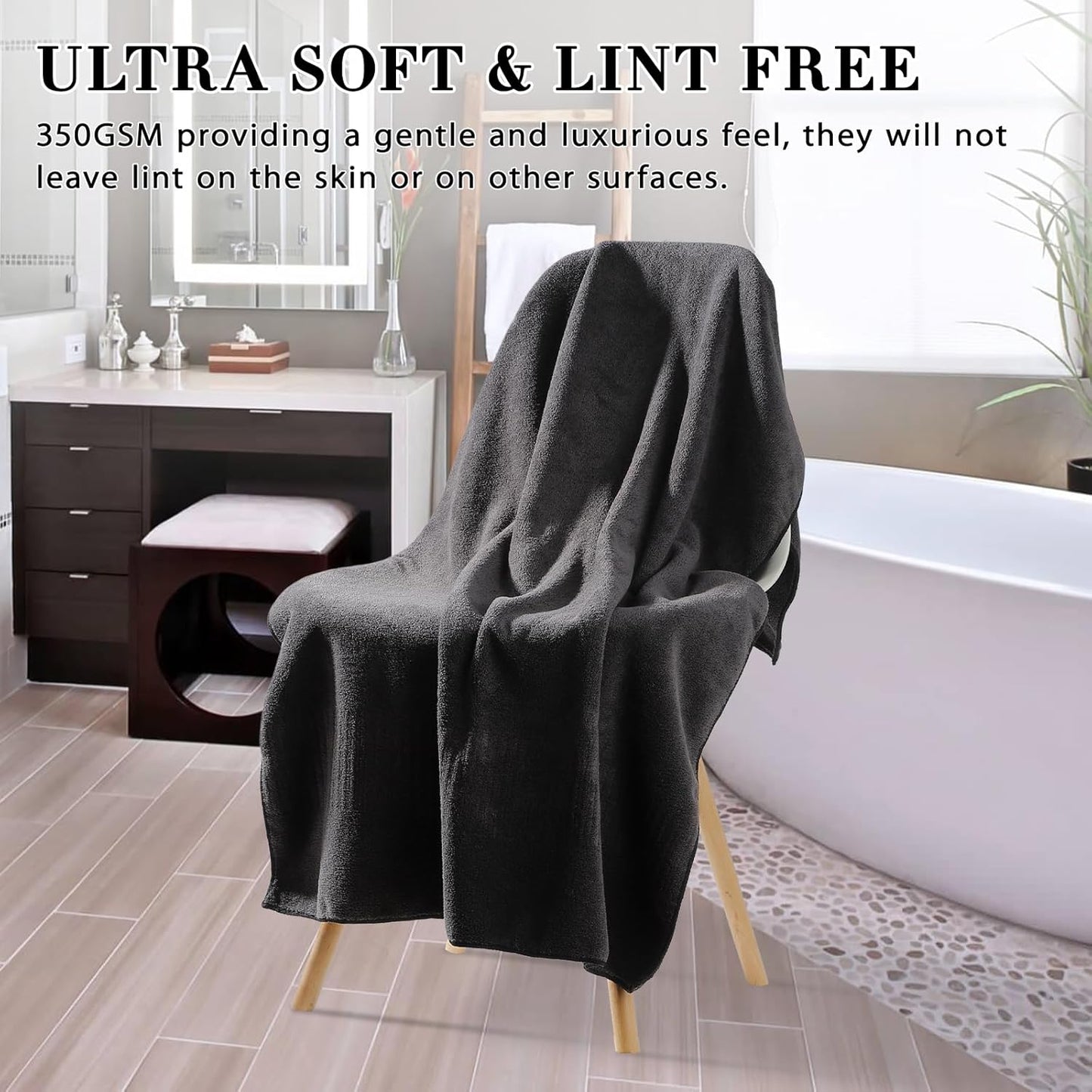 SEISSO Bath Towels,Extra Absorbent & Quick Drying Towels for Bathroom,Fibre Large Bath Towel,Super Soft Multipurpose Use for Fitness,Spa,Sports Towels,Yoga Towel (Dark Grey, 2 Piece Bath Towels)