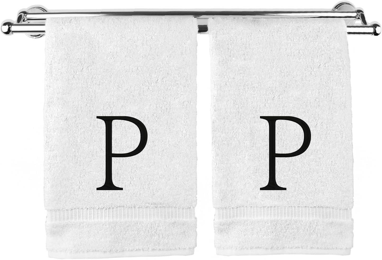 Monogrammed Hand Towel, Personalized Initial Gift, Extra Absorbent 100% Turkish Cotton - Soft Terry Finish - Set of 2 - Black Block Initial P - Embroidered on White Towels