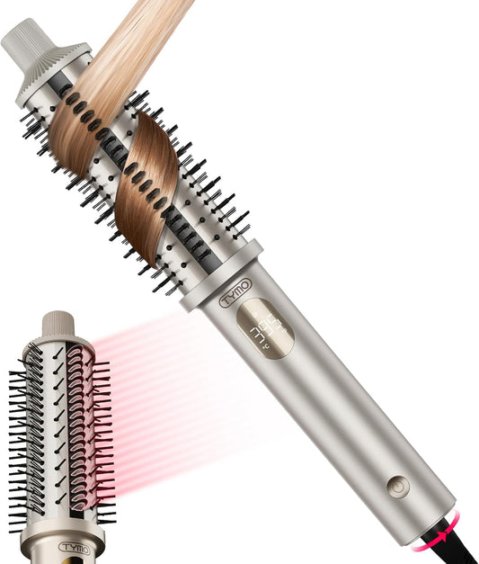 TYMO STYLUX PRO Thermal Brush Curling Brush, 1.5 Inch Blowout Heated Round Volumizer, Hair Straightener and Curler 2 in 1, 800M Negative Ion for Smoother, LCD Display, 5 Temp, Dual Voltage, Gold