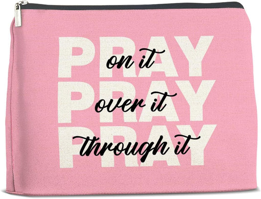 Inspirational Pray On It Pray Over It Makeup Bag Gifts for Women Christian Religious Pink Cosmetic Bag Zipper Pouch Travel