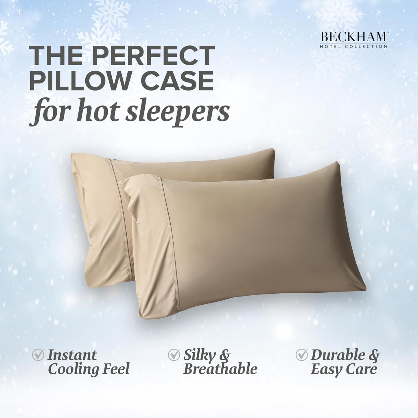 Beckham Hotel Collection Cooling Pillowcases for Hot Sleepers, King Size Set of 2, Cool Bedding, Envelop Closure, Silky Soft, Breathable, Moisture-Wicking, Sand