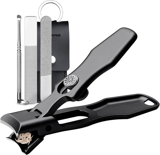 Nail Clippers for Men & Seniors Thick Toenails and Fingernail - Wide Jaw Opening Portable Ultra Sharp Finger Nail Clippers with Catcher, Heavy Duty Stainless Steel, Black Set