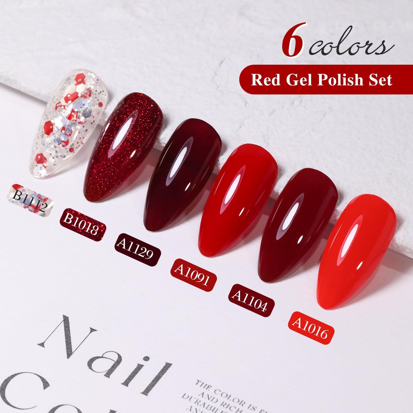 Double Rhythm Gel Nail Polish Set of 6 Colors Baby Light Pastel Milky Nail Polish Starter Kit Art DIY Salon Home (Red Glitter Dark Neon Red Maroon Burgundy,Kit 15)