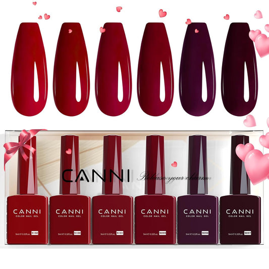 CANNI 6 Colors 9 ML Hema-Free Dark Red Gel Polish Set, Deep Cherry Red Burgundy Gel Nail Polish Blood Wine Red Color Kit, Soak Off LED Nail Gel Manicure Kit DIY at Home Salon Gifts