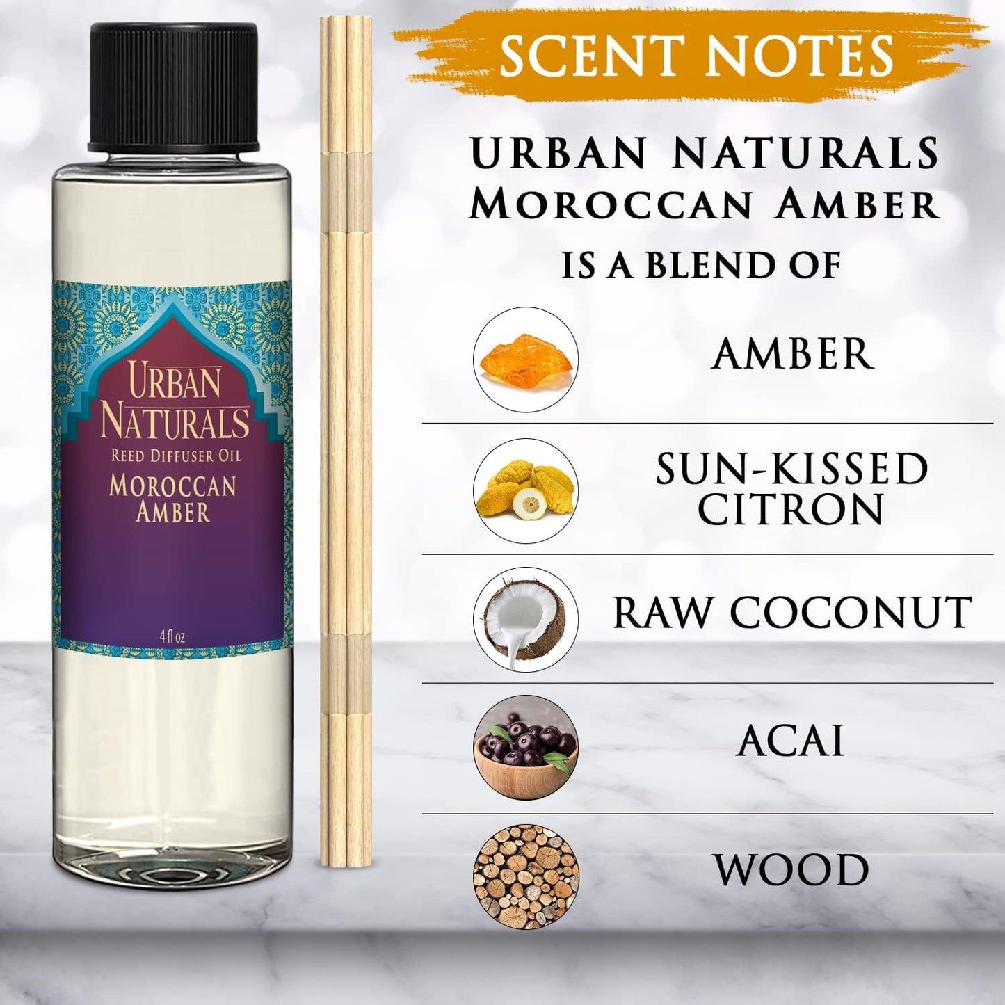 Urban Naturals Moroccan Amber Reed Diffuser Refill Set | Includes a Free Set of Reed Sticks! 4 oz. | Great Gift Idea Home Fragrance Lovers!