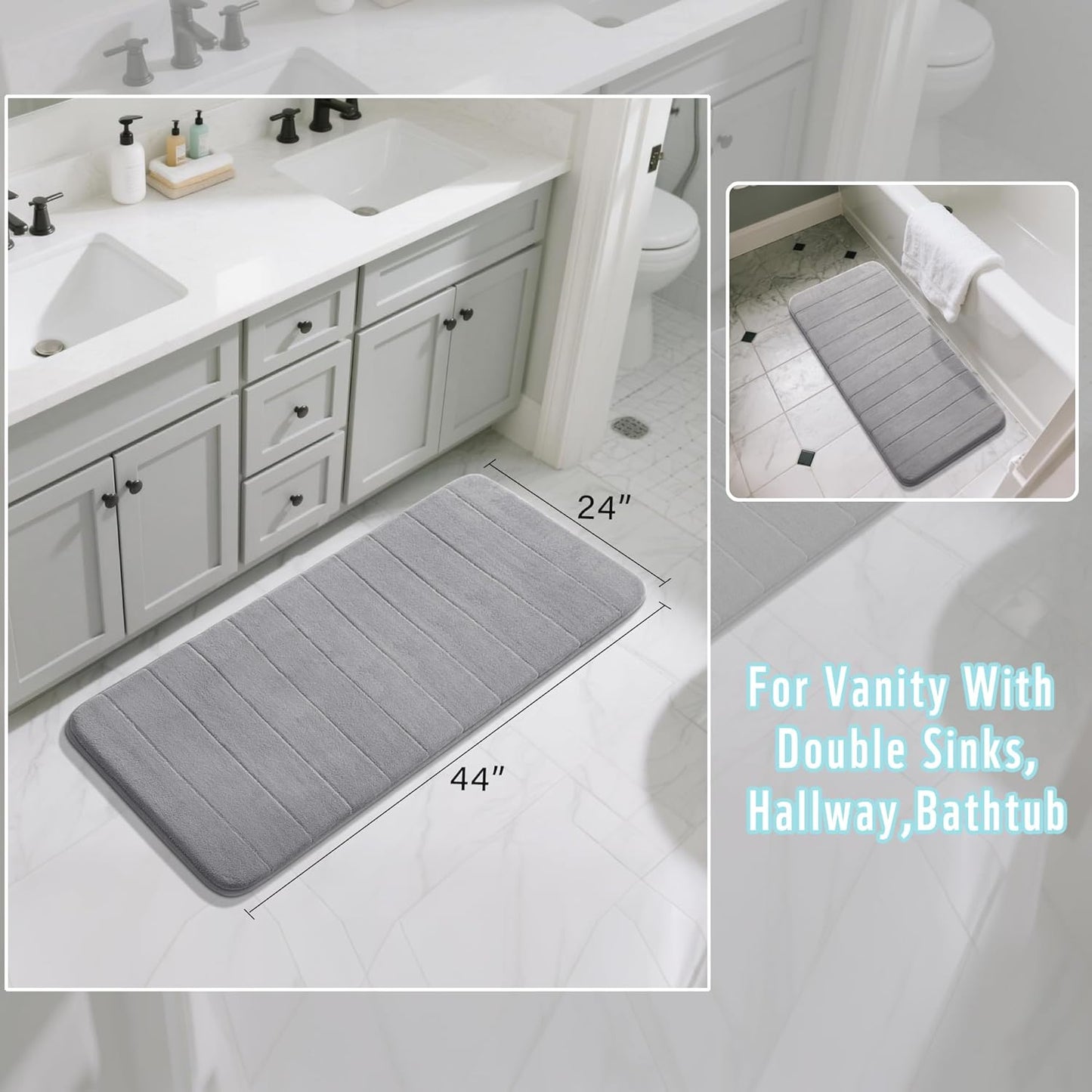 Yimobra Long Bath Mat 44"x24", Super Soft Quick Dry Memory Foam Bathroom Rug, Water Absorbent, Non Slip Backing Machine Washable for Tub Shower, Thick Comfort Support, Gray